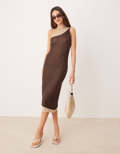 Mango capsule sheer 2 in 1 cami dress in chocolate 