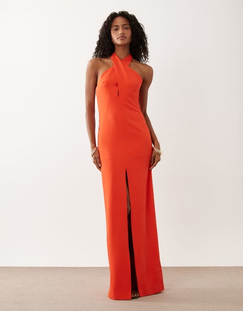 Mango Capsule deep v halterneck maxi dress in bright red - view 1