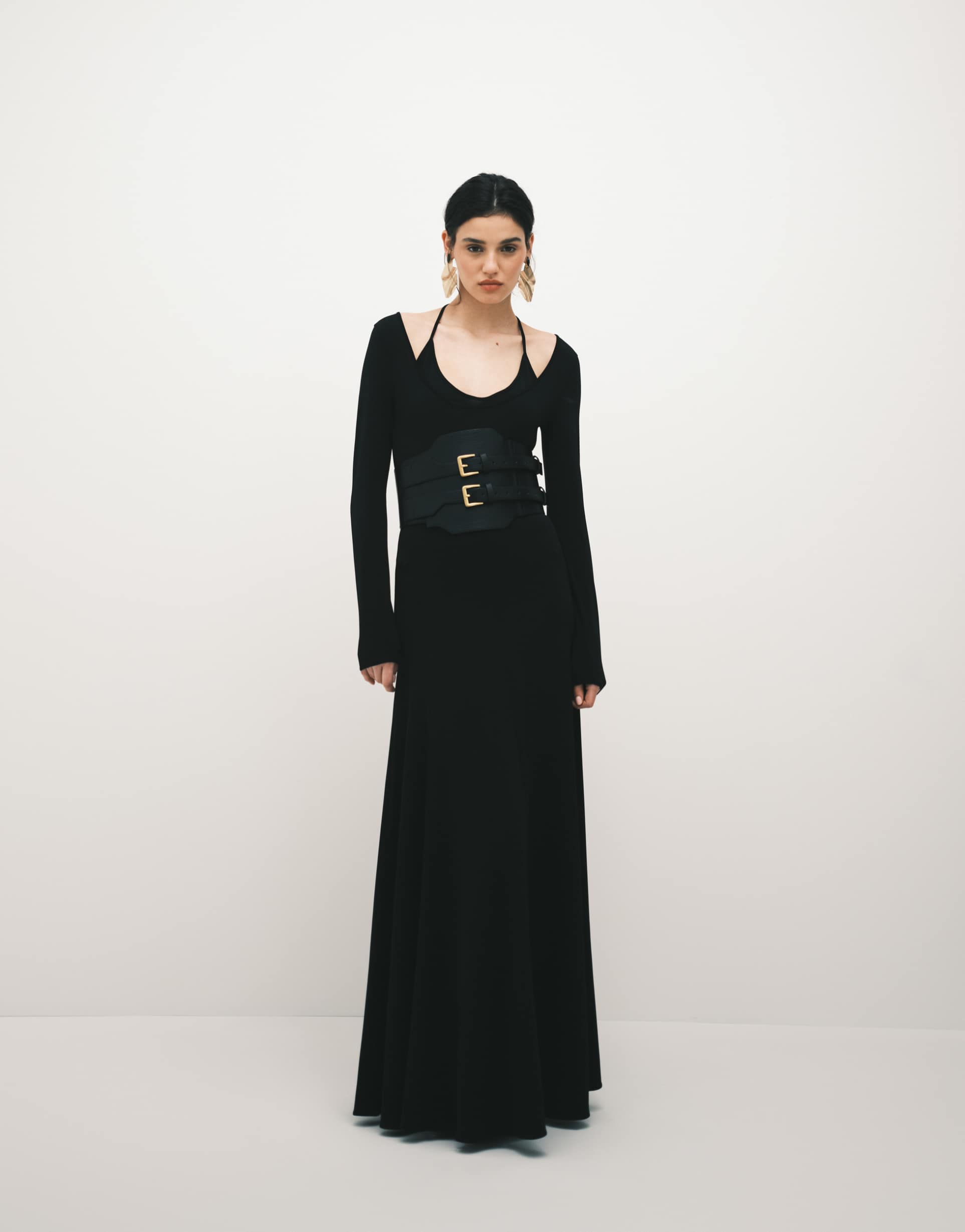 mango capsule double layer long sleeve maxi dress in black