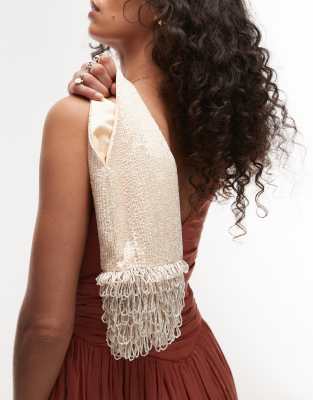 Mango Capsule embellished bag with beaded fringe in off-white