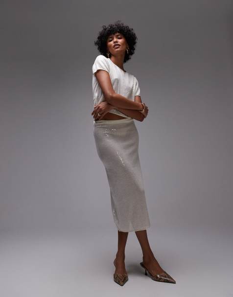 Mango capsule embellished midi skirt and tee co-ord in oyster - view 1