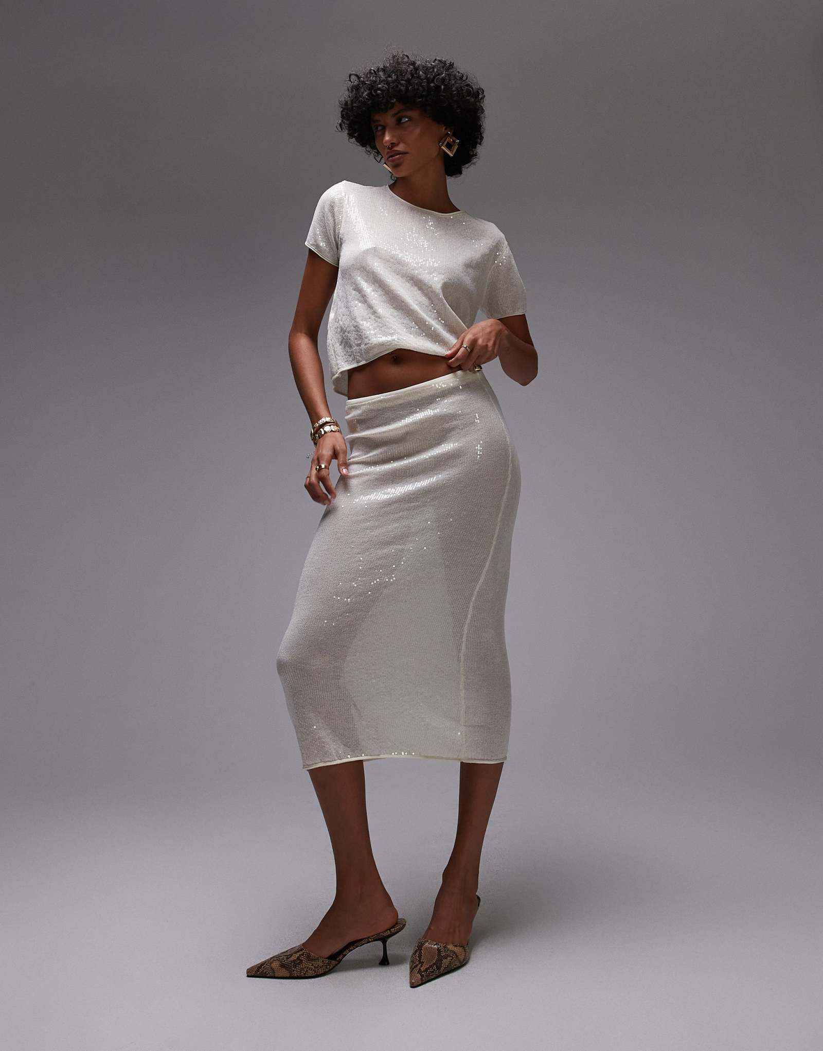 Юбка миди с декором Mango capsule цвета устрицы - часть комплекта 