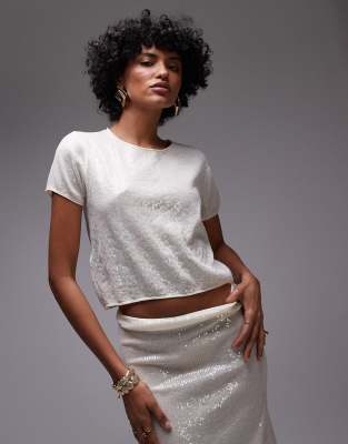 Mango capsule embellished tee co-ord in oyster-Neutral