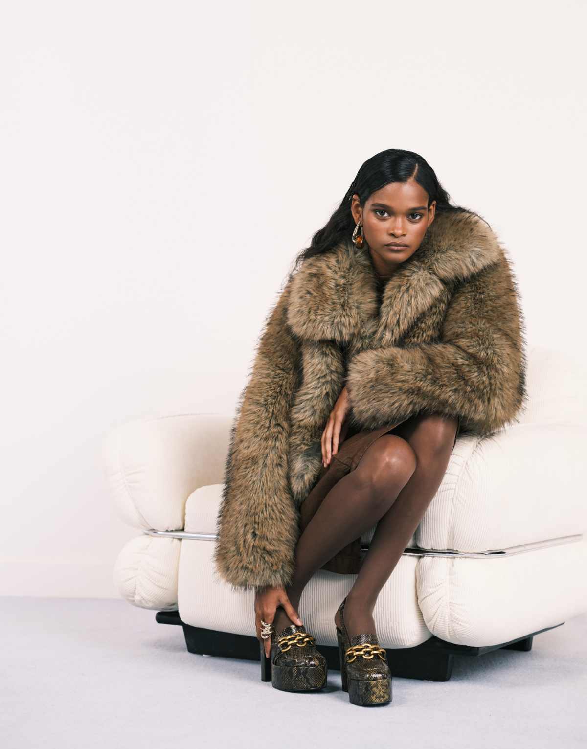 Mango Capsule faux fur coat with exaggerated collar in brown