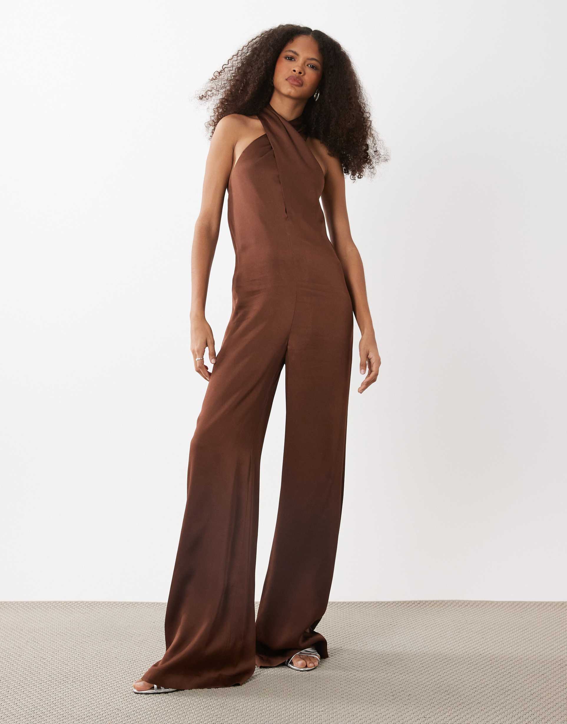 mango capsule halterneck jumpsuit in brown