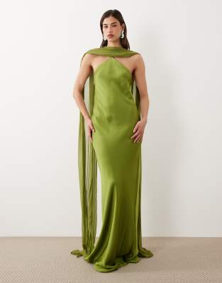 Mango Capsule Halterneck Maxi Dress With Cape Detail In Green