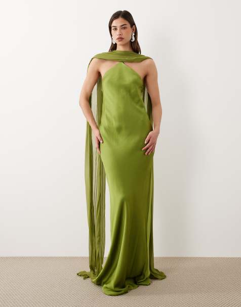 Mango Capsule halterneck maxi dress with cape detail in green - view 1