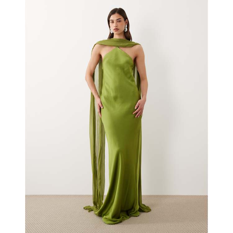 mango green tassel dress Capsule halterneck maxi with cape detail in G13075-6 GREEN