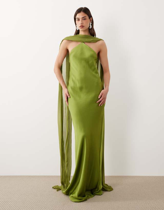 where to buy a green dress Mango Capsule halterneck maxi with cape detail in short green dress