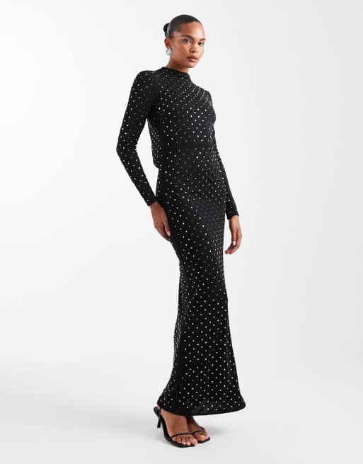 Mango Capsule high neck long sleeve embellished maxi dress in black | ASOS