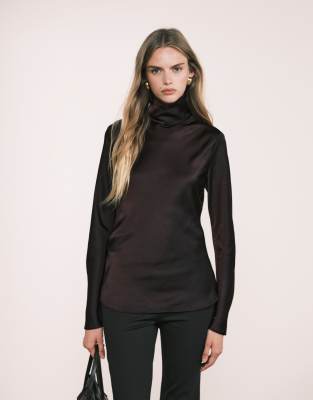 Mango Capsule High Neck Long Sleeve Satin Look Top In Purple