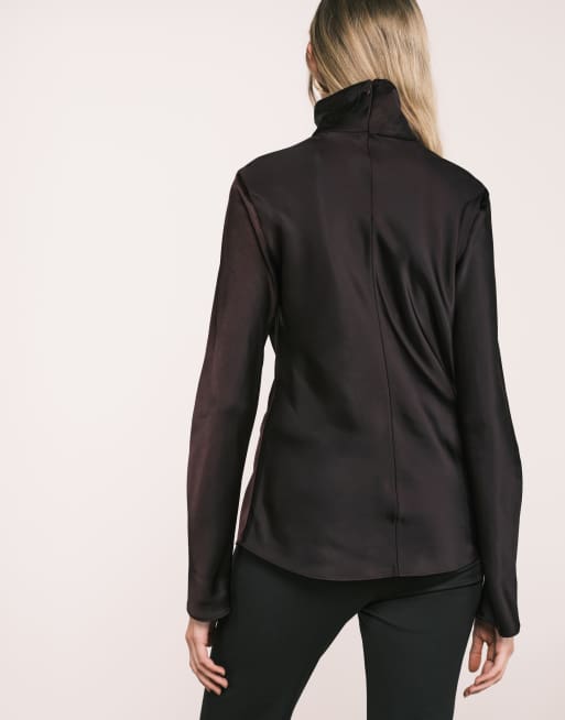 Mango Capsule high neck long sleeve satin look top in plum, 4 of 5
