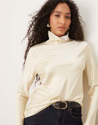 Mango Capsule High Neck Long Sleeve Satin Top In Neutral