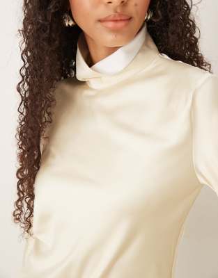 Mango Capsule High Neck Long Sleeve Satin Top In Neutral