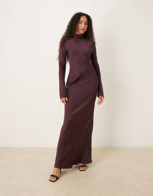 Mango Capsule high neck satin bias cut maxi dress in deep plum-Red