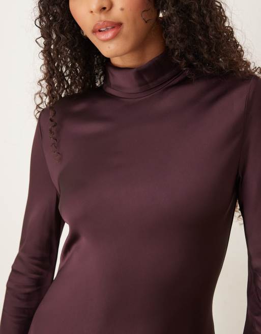 Mango – Capsule – Hochgeschlossenes Satin-Maxikleid in kräftigem Pflaumenlila mit Schrägschnitt, 3 von 4
