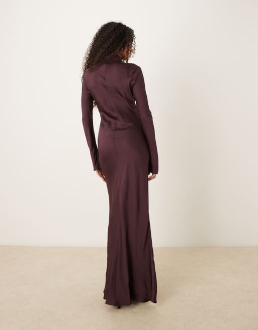 Mango – Capsule – Hochgeschlossenes Satin-Maxikleid in kräftigem Pflaumenlila mit Schrägschnitt, 4 von 4