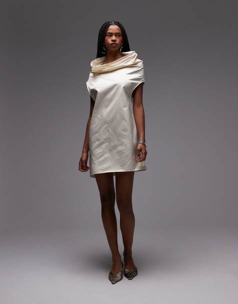 Mango – Capsule – Hochwertiges Minikleid aus Satin in Austerweiß mit gerafftem Halsausschnitt - view 1