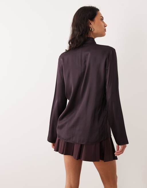 Mango - Capsule - Hoogsluitende satijnen blouse met lange mouwen in chocoladebruin, 4 van 4