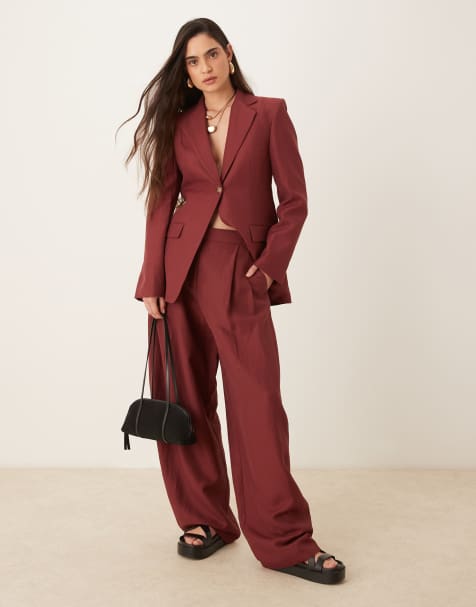 Mango – Capsule – Hose aus Leinenmix in Weinrot mit weitem Bein, Kombiteil - view 1