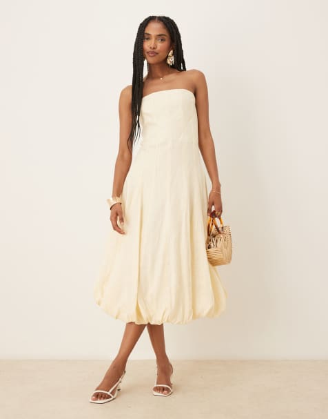 Mango capsule linen bandeau structured midi dress in buttermilk 