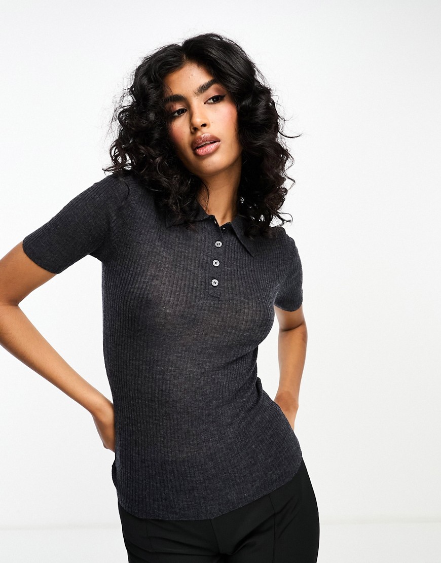 Mango Capsule knitted polo top in grey