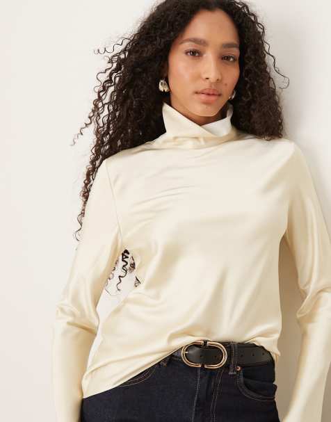 Mango Capsule high neck long sleeve satin top in cream
