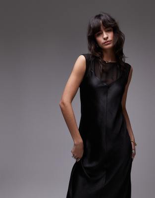 Mango Capsule Layered Chiffon Midi Sleevless Dress In Black