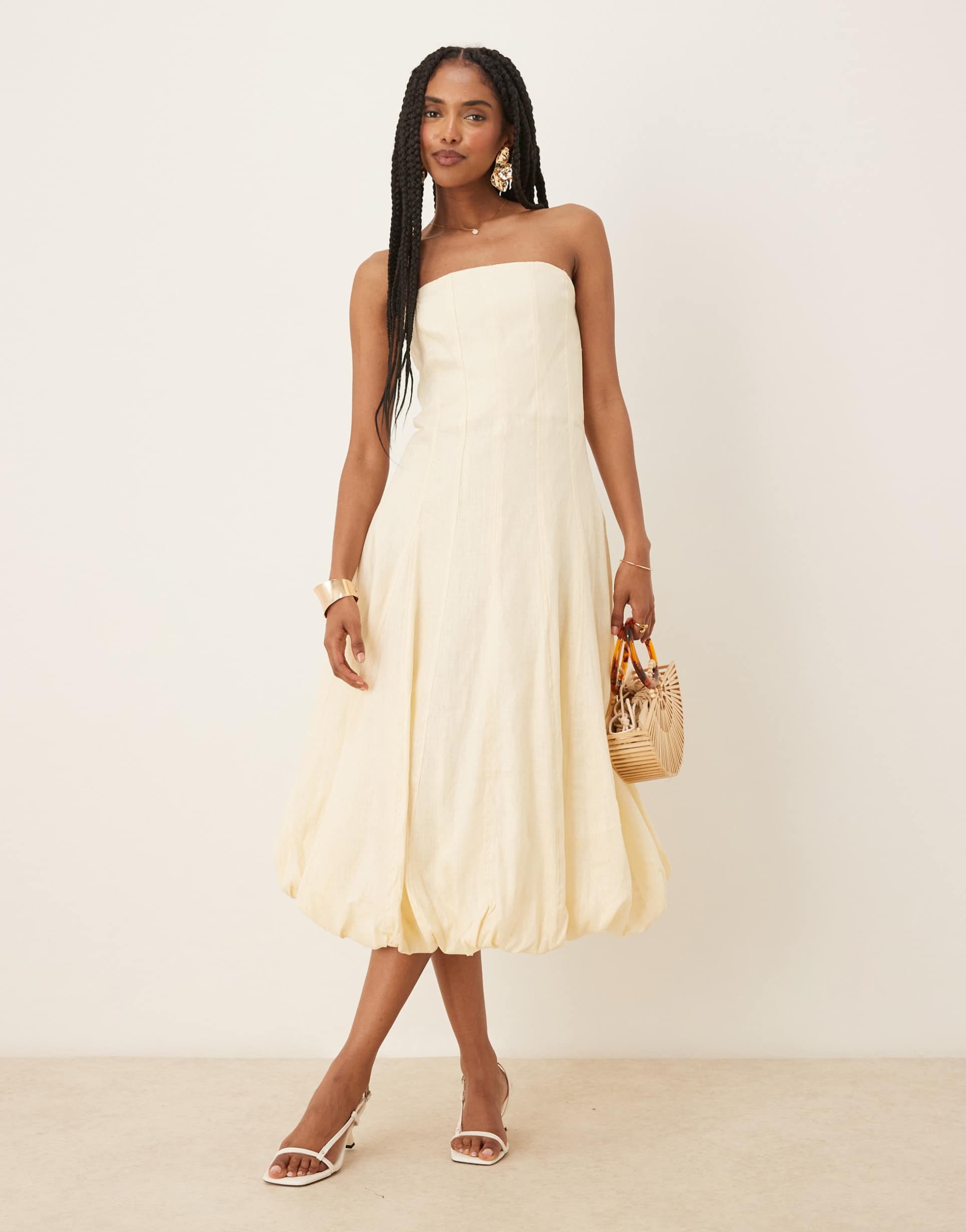 mango capsule linen bandeau structured midi dress in buttermilk
