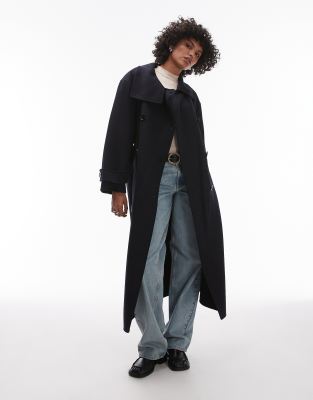 Mango Capsule Longline Wool Coat In Navy
