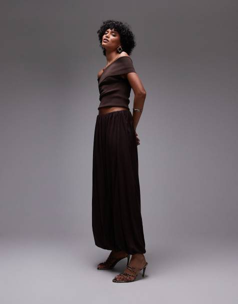 Mango capsule soft drape maxi skirt in deep chocolate 