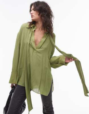 Capsule neck tie woven relaxed shirt in green