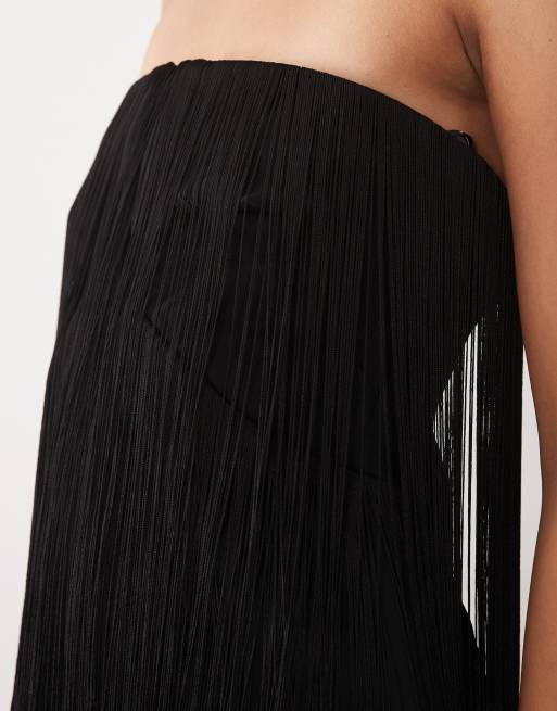 Mango Capsule off shoulder mini dress with tassles in black, 2 of 4