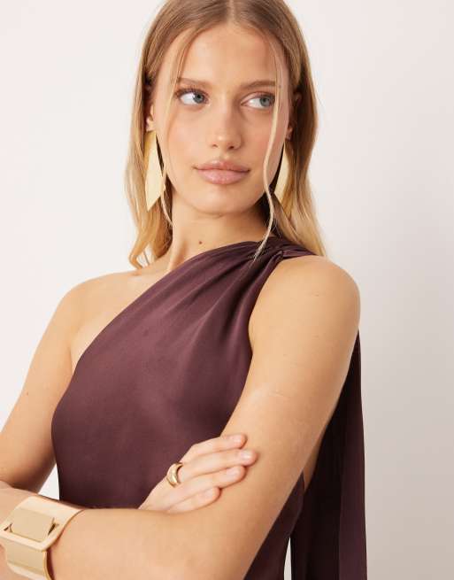 Mango Capsule one shoulder maxi dress in plum, 3 of 4