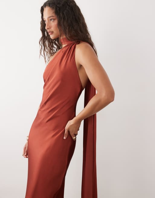 Mango Capsule one shoulder maxi dress with scarf detail in rust, 3 of 4