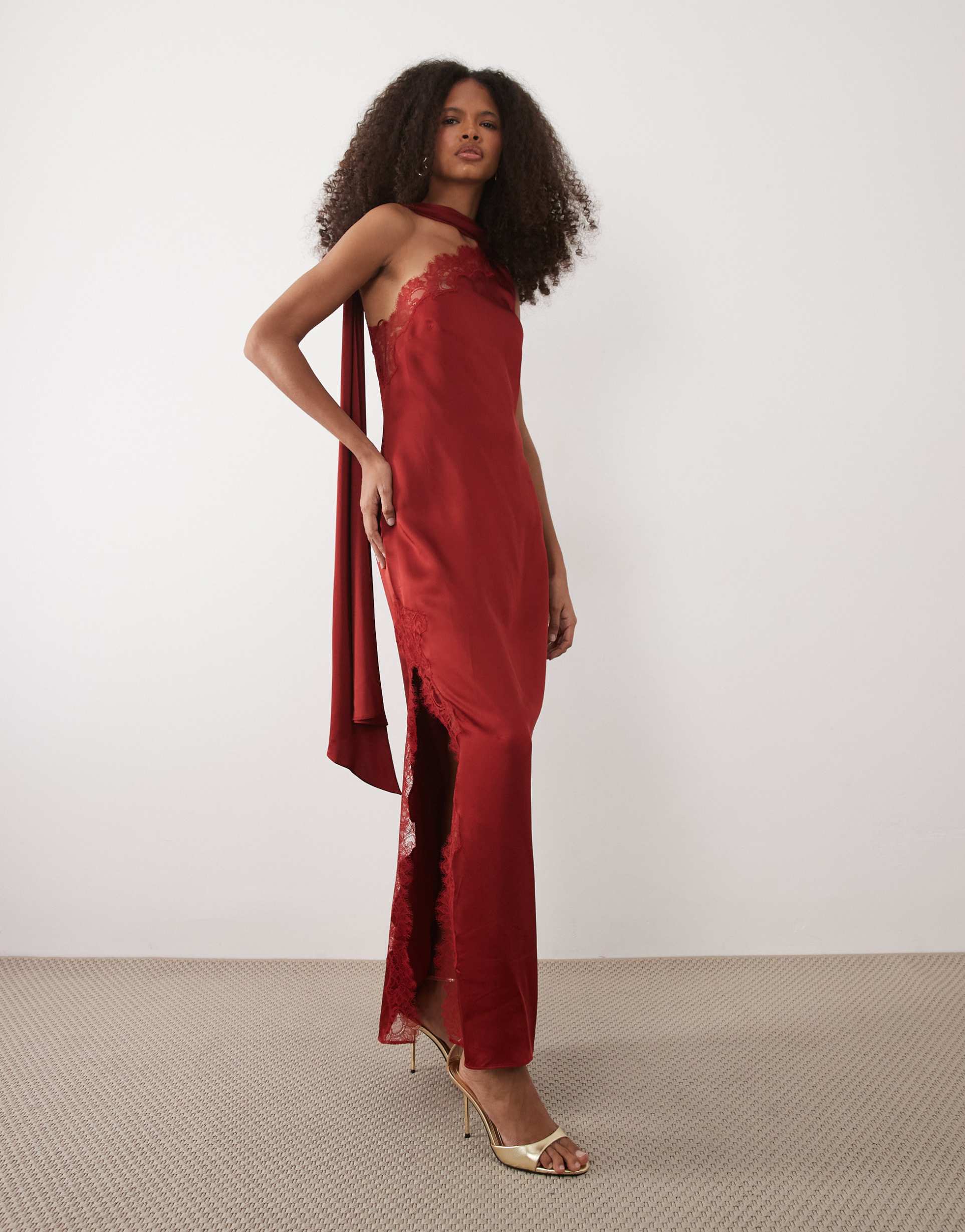 mango capsule one shoulder satin maxi dress with lace detail in red