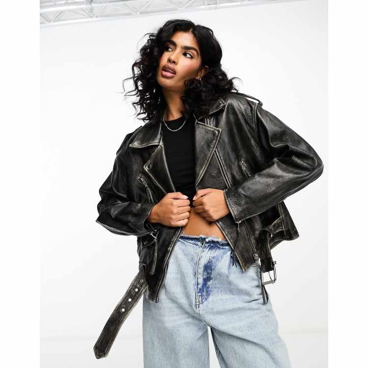 Mango Capsule oversized leather jacket in washed black ASOS