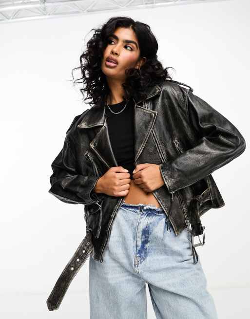 Mango Capsule oversized leather jacket in washed black | ASOS