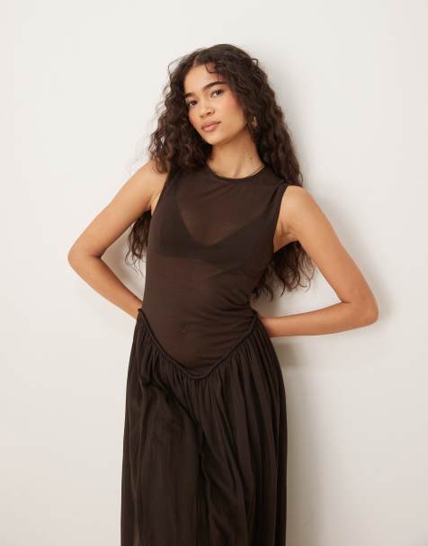 Mango capsule rami dropped waist crinkle midi dress in chocolate 