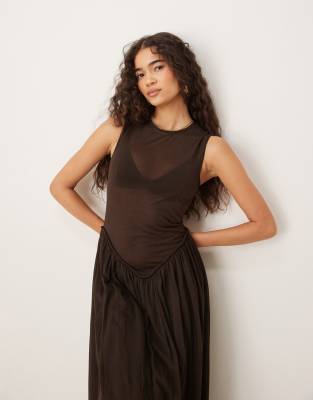 capsule ramie dropped waist crinkle midaxi dress in chocolate-Brown