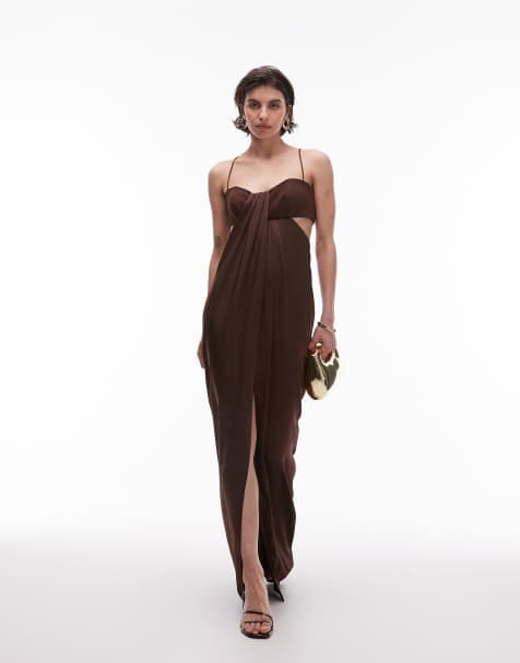 Mango Capsule satin cut out midi dress in chocolate 