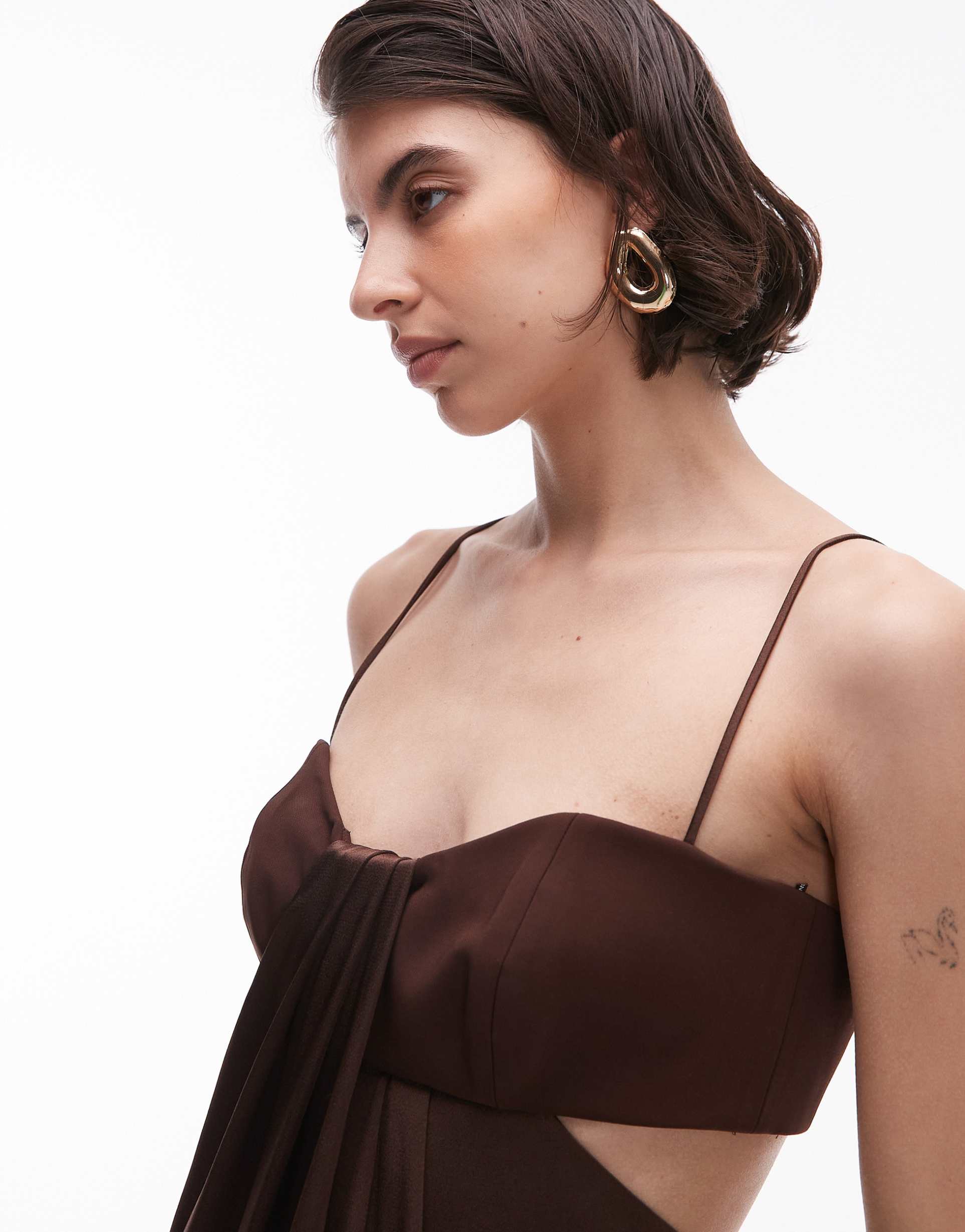 mango capsule satin cut-out midi dress in chocolate
