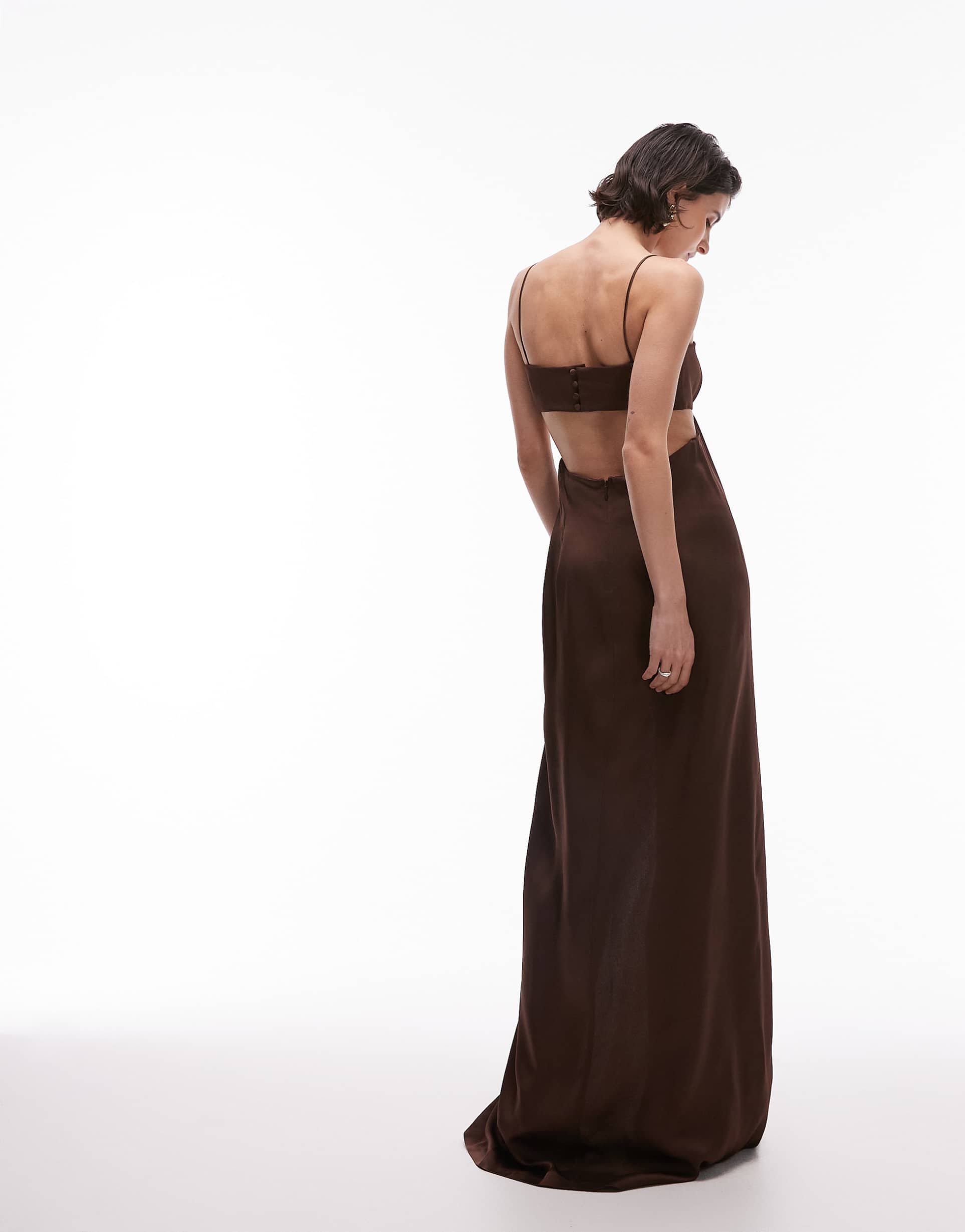 mango capsule satin cut-out midi dress in chocolate