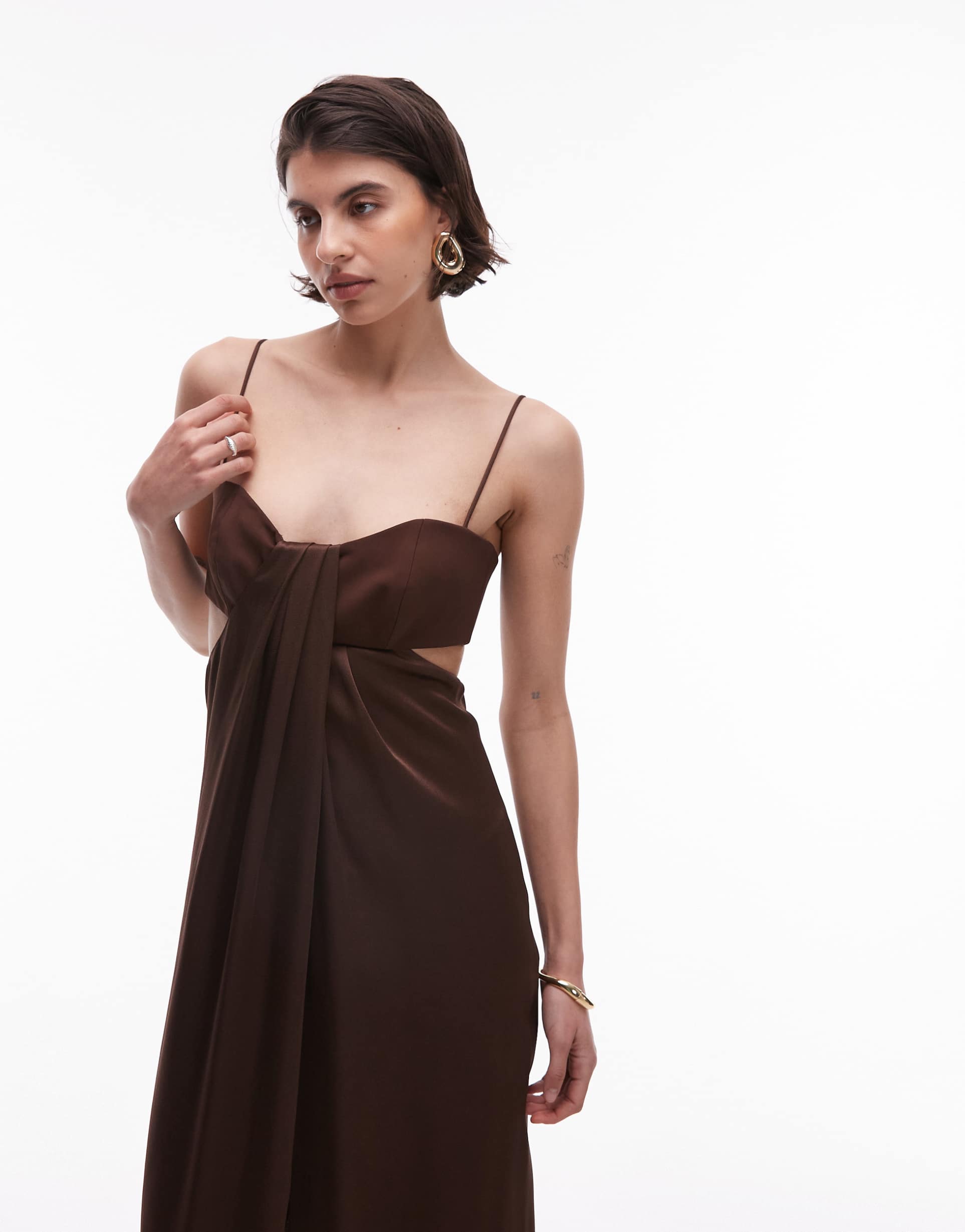mango capsule satin cut-out midi dress in chocolate