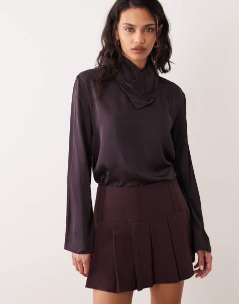 Mango Capsule satin high neck long sleeve blouse in chocolate - view 1