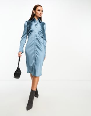 Mango Capsule satin shirt dress in blue - ASOS Price Checker