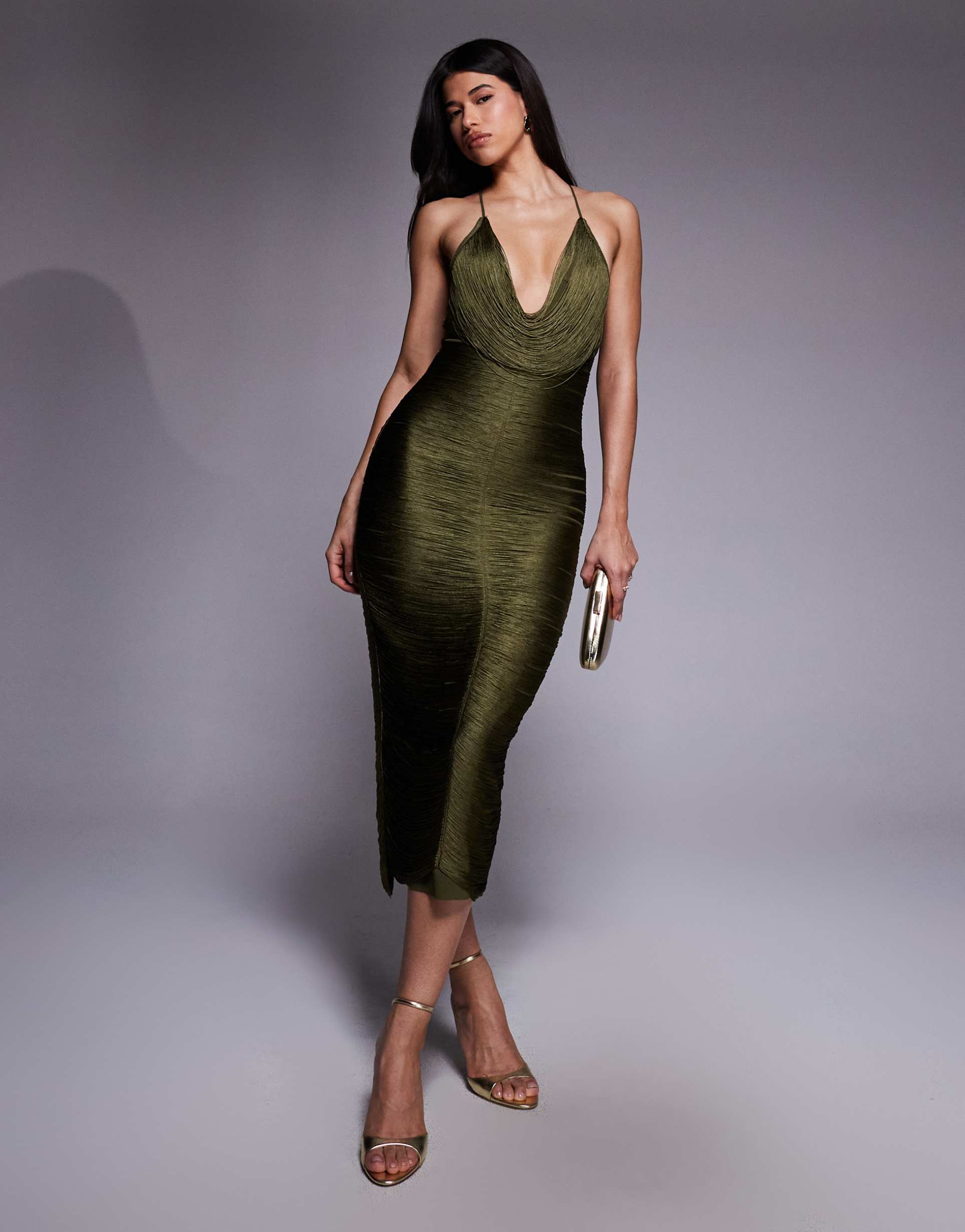 mango capsule scoop neck maxi dress with tassels in khaki