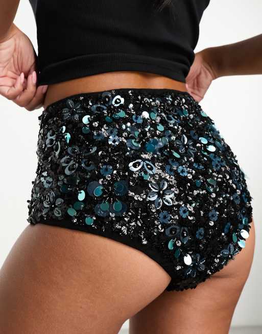 Mango Capsule sequin hot pant shorts in black