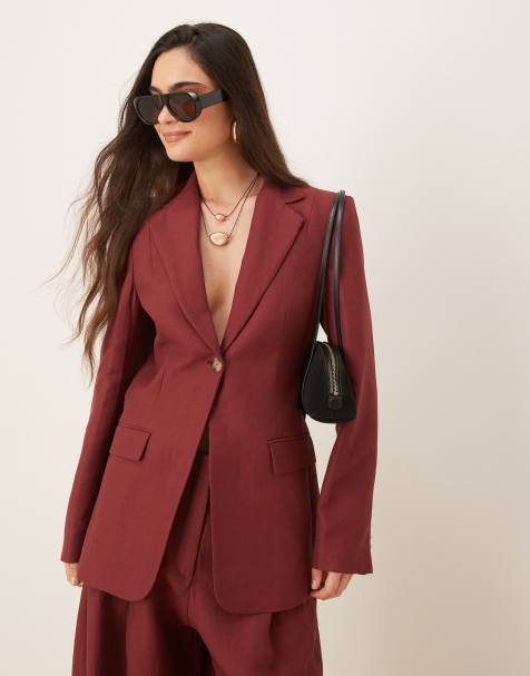 Mango – Capsule – Set aus Leinenmix in Weinrot, aus weit geschnittener Hose und Blazer - view 1