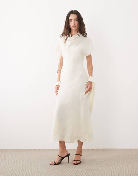 Mango Capsule short sleeve maxi dress with scarf detail in cream - view 1
